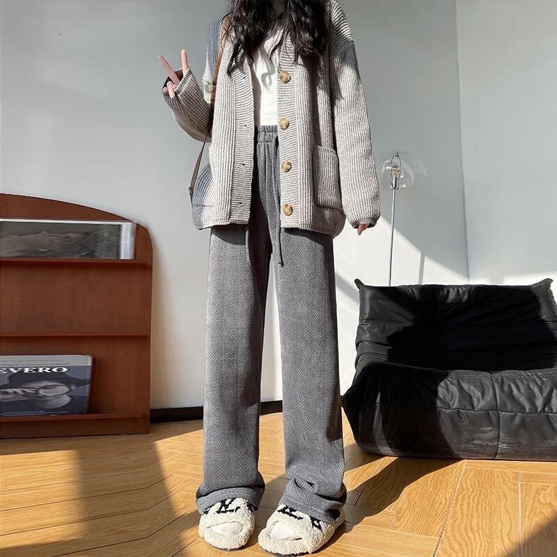 Langsha Women's Herringbone Fleece-Lined Wide-Leg Pants