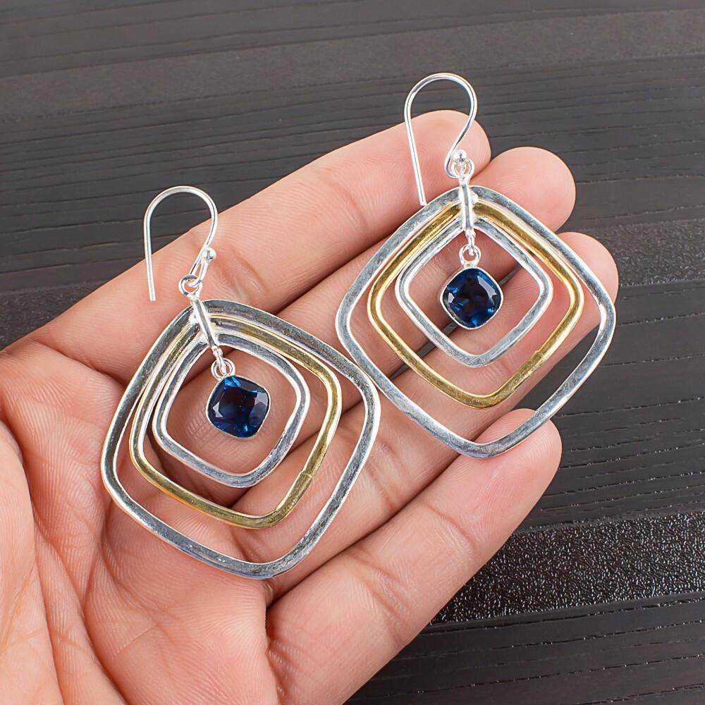 London Blue Topaz Gemstone 925 Sterling Silver Handmade Jewelry Earrings 2.44" EE-70-10