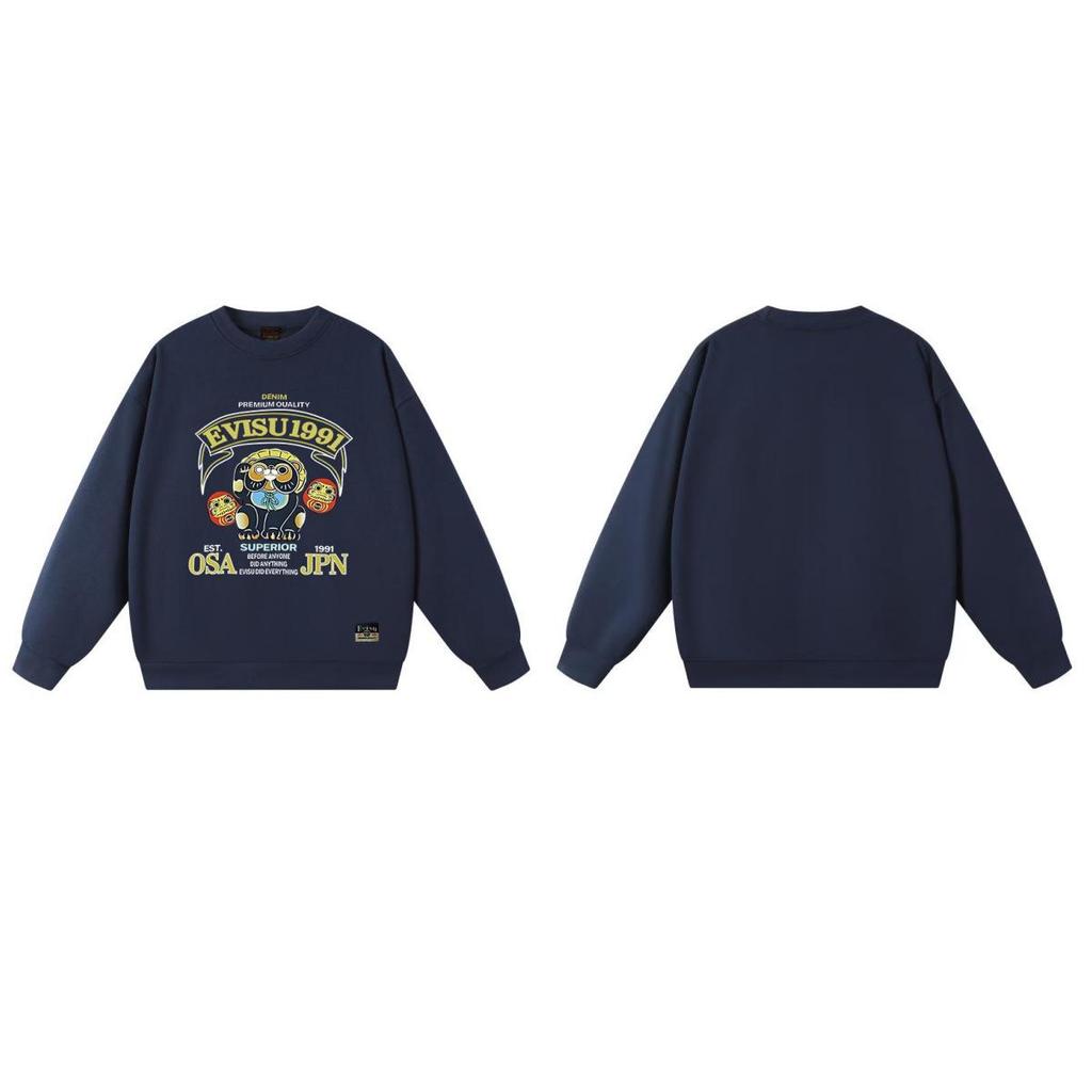 Fukujin EVISU2025 Unisex Round Neck Hoodie - Trendy Cotton Streetwear Pullover with Print