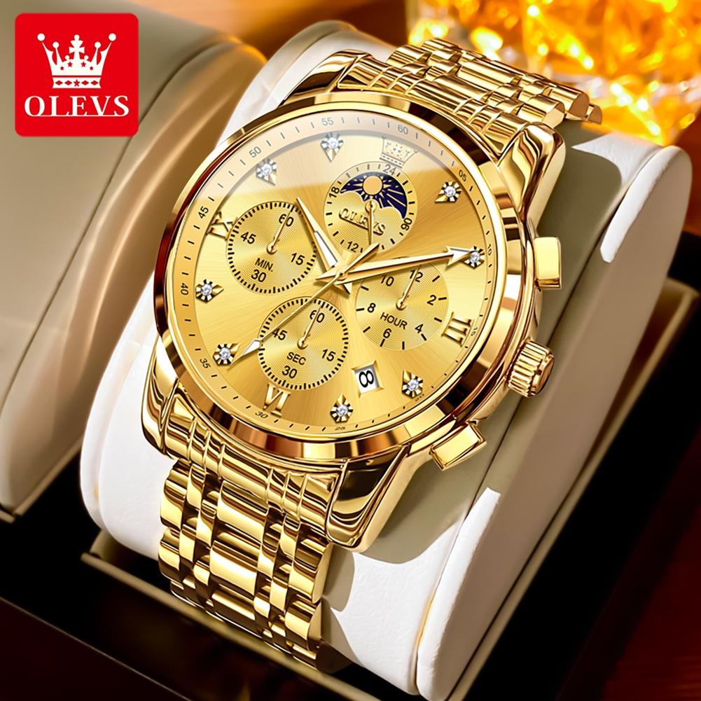 

OLEVS Мужские часы Оригинальные модные брендовые кварцевые часы Водонепроницаемые многофункциональные хронографы с фазами луны Роскошные мужские подарочные новые золотой