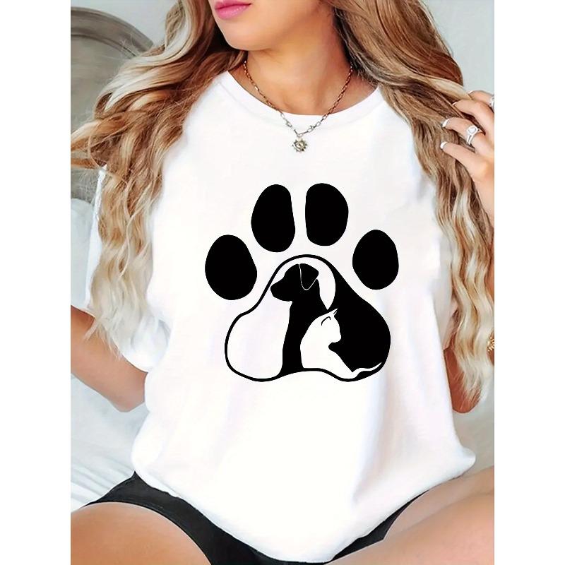 Women Casual Sports T Shirt Round Neck Short Sleeve Cat Dog Paw Print Comfortable Summer Top