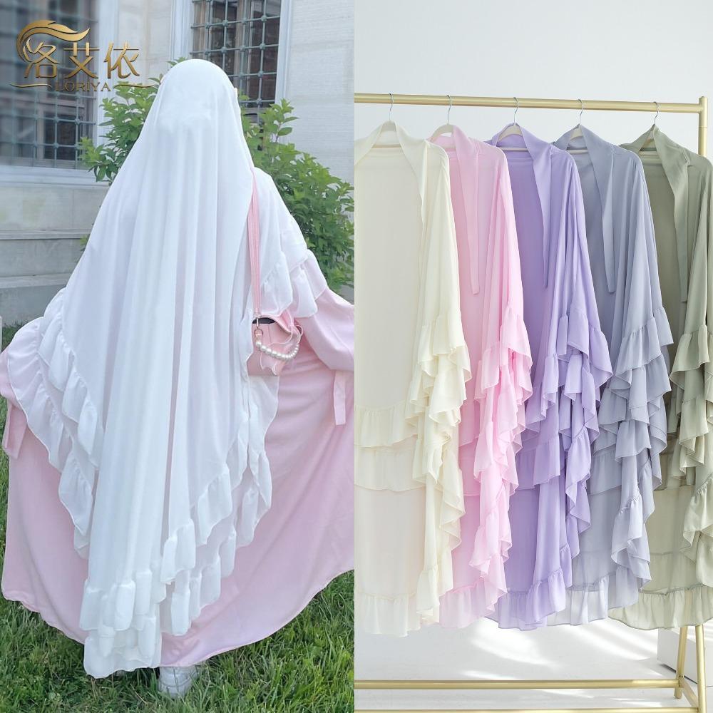 Long Chiffon Ramadan Khimar Abaya Headscarf Prayer Dress Muslim Abaya  Dubai Saudi Black Robe