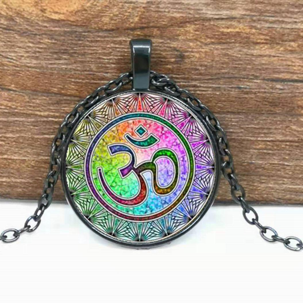 

Радужное 7 чакр Мистическое ожерелье-мандала Искусство Цветок жизни Стеклянный кабошон Подвеска Ожерелье Женские украшения для йоги Black-4