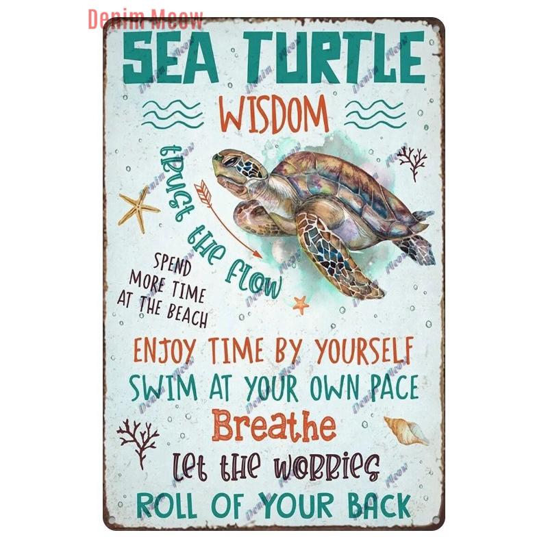 Vintage Sea Turtle Decor, Sea Snail, Metal Tin Sign, Nautical Beach Ocean Theme, Retro Seaside Underwater Summer Plates, WY283