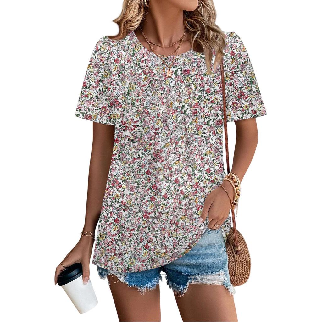 Women's Casual Fashion Round Neck Floral Printed Pleated Short Sleeve T-shirt Top