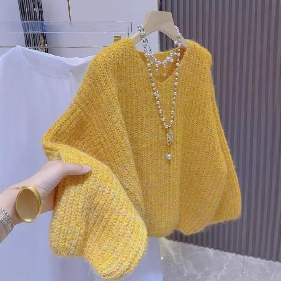 Autumn and Winter  V-neck Knitted Sweater Korean Loose Thick Long Sleeved Sweater for Women Design Sense