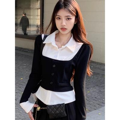 Shirts Women Slim Sexy Daily Minimalist Aesthetic Prevalent Vitality Cropped French Style Sweet Fake Two Pieces Spring Autumn