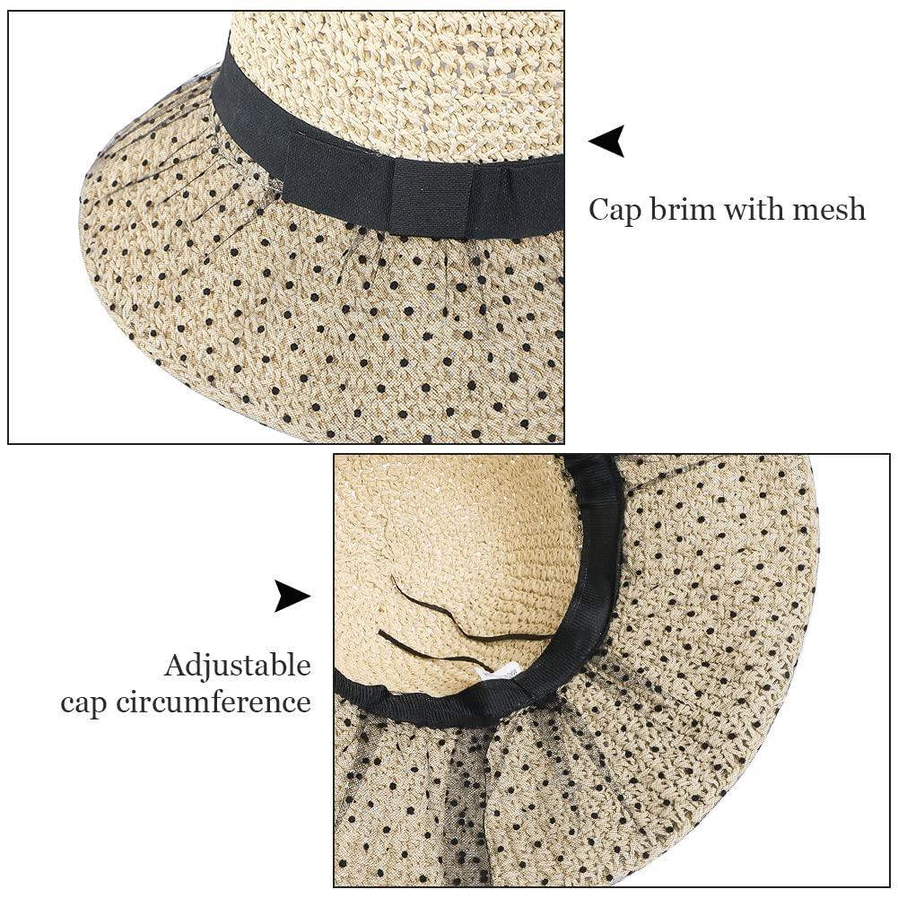 Straw Hat with Sunshade for Dot Wide Knitted Sun Cap for UV Small Beach Easy to Going Mountain Beige [XGOPTS] Women, Summer, Cool, Elegant, Mesh,