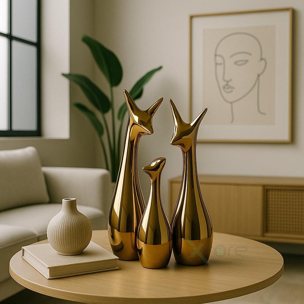 Home Decor Lucky Deer Family | Metallic Golden Finish Ceramic Figurine for Decor - (Set of 3, Golden)
