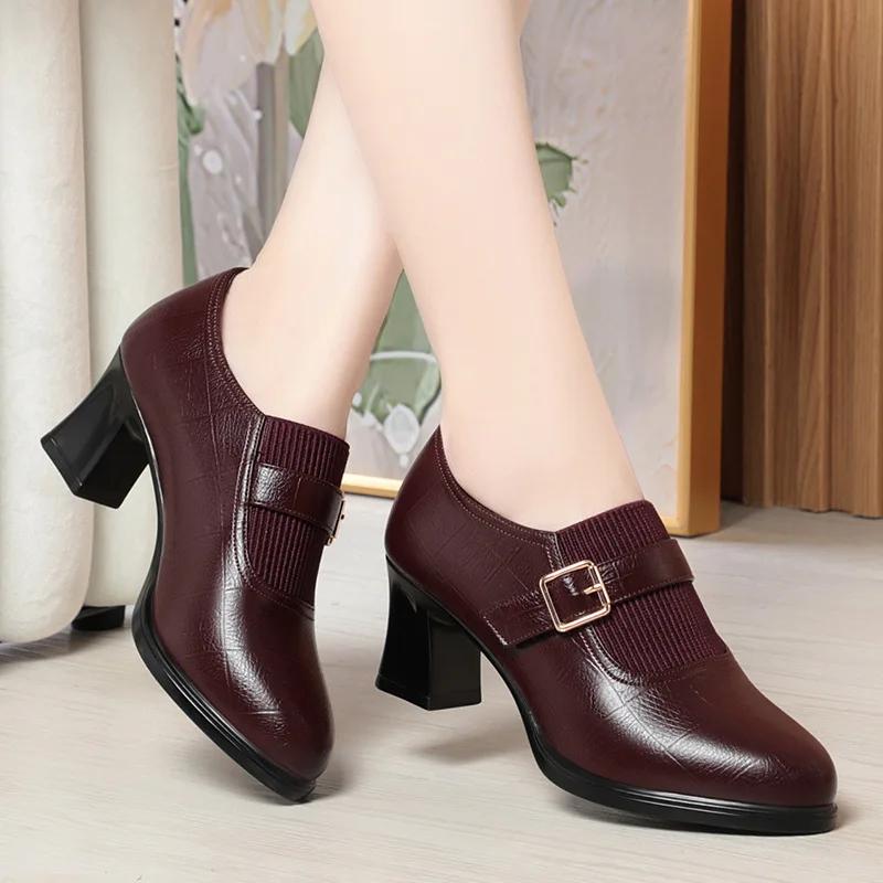 6cm Comfortable Deep Mouth Soft Leather Shoes Women Pumps 2025 Spring Med Block Heels Shoes for Office Mom Model Daily