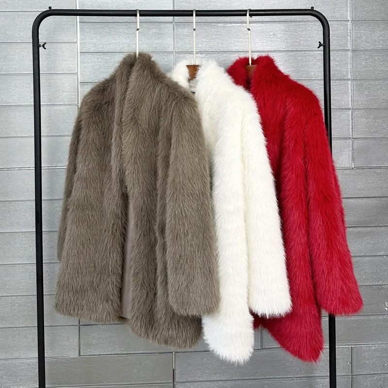 Faux Fur Mid-Length Coat Women Casual Street Style Turn-Down Collar Long Sleeve S-M-L Sizes Beige Khaki Red