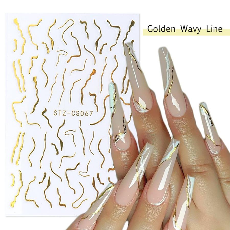 3D Golden Wavy Line Nail Sticker Marble Rainbow Swirl Stripe Tape Winter French Graphic Slider Decor Foils