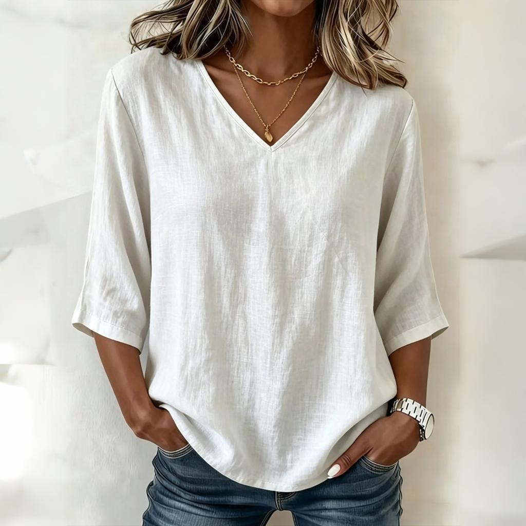Women Loose Fit V Neck Top Mid Sleeve Relaxed Style Lightweight Jersey Cotton Casual Shirt for Everyday Wear