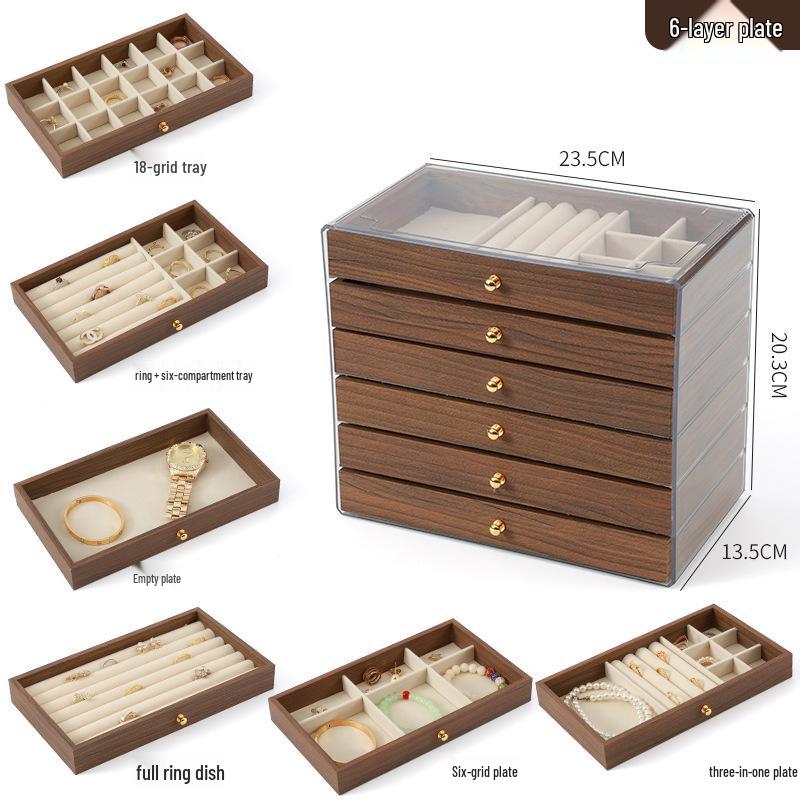 Elegantní vícevrstvá dřevěná šperkovnice s velkou kapacitou na náhrdelníky, náramky a prsteny