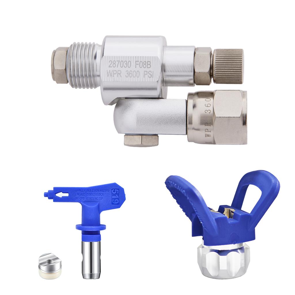 3 Airless Farbsprühdüsen-Kits, 1 Stück 519 Blaue Düse, Ausgestattet mit 1 Stück Universal-Kopfabsperrventil, 1 Stück Düsenbasis, Geeignet