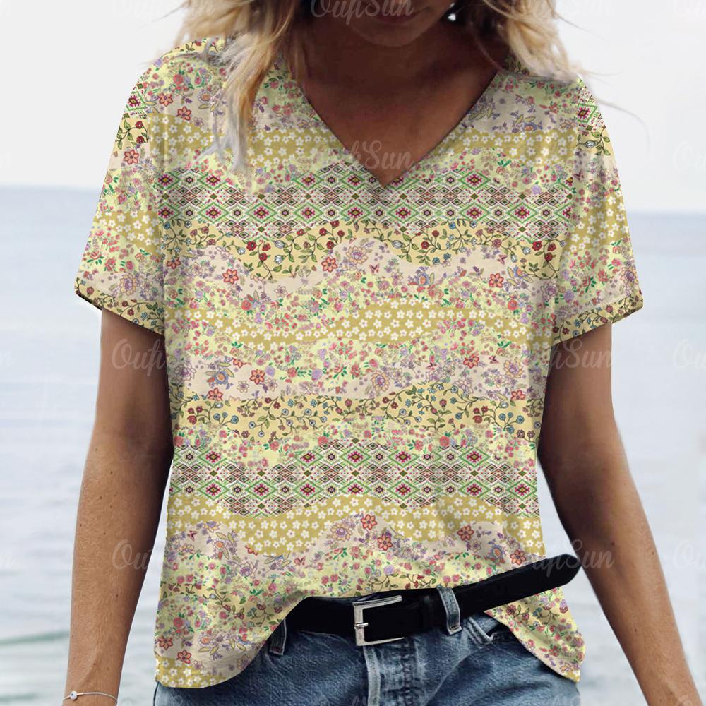 Vintage Damen T-Shirt Ethnischer Blumendruck Übergroße Bluse Damen Trendige Kleidung Mode Kurzarmshirt Damen V-Ausschnitt Hund