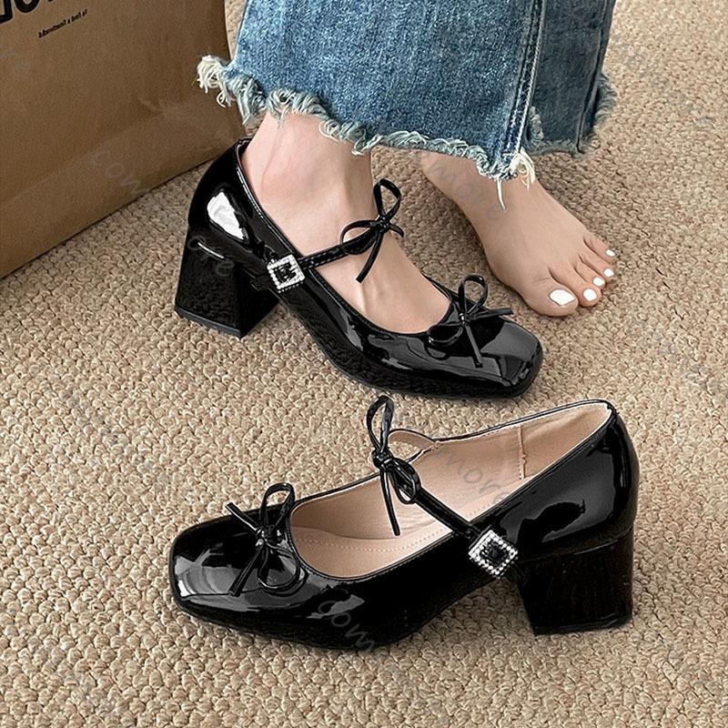 Fashion Comemore Spring Autumn Women Mary Jane Shoes Fashion Butterfly-knot Thick Heel Shallow Mouth Single Shoe Solid Square Head Pumps
