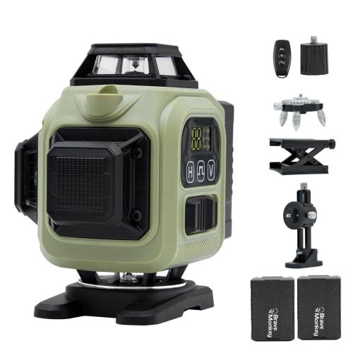 BraveMonkey 4x360 16-Line Green Laser Level, Class 2, with Automatic Laser Level Calibration, Manual Tilt Mode, Pulse Function, Two 2400mAh Rechargea
