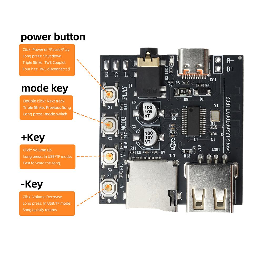 DC 5V Bluetooth 6.0 Audio Receiver Module Type-C USB-A TF Card Playback Power-off Memory Earphone External Amplifier Audio Board