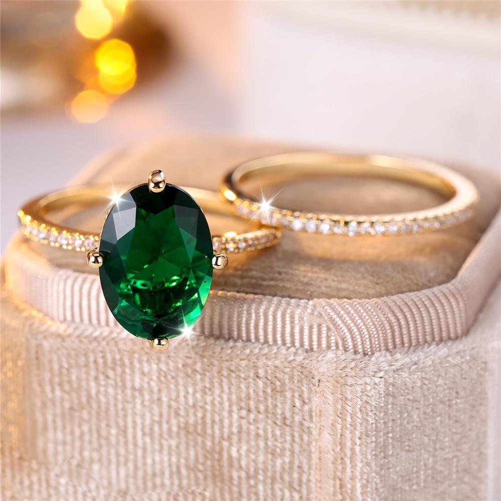 Crystal Female White Green Zircon Oval Stone Ring Set Fashion Vintage Gold Color Bridal Wedding Engagement Jewelry For Women