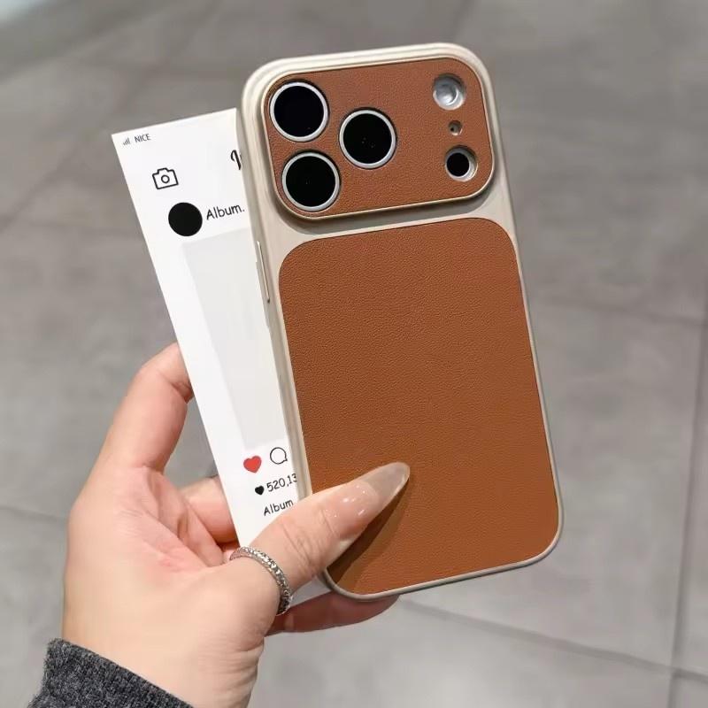 Luxury Leather Texture Hard Large Window Case for iPhone 17 Air 16 15 14 13 Pro Max Plus 17Promax Shockproof Matte Phone Cover