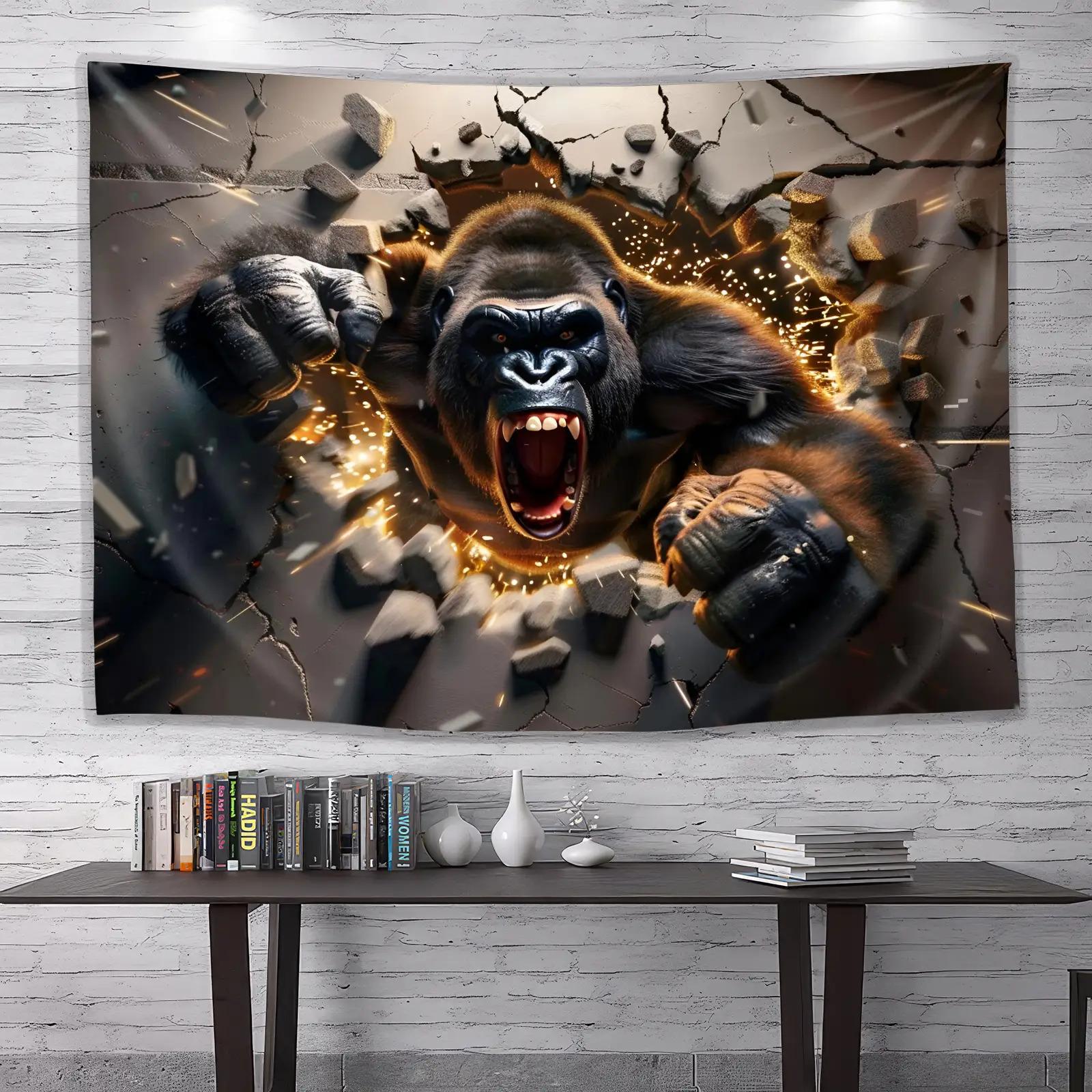 Мощная Горилла, Пробивающая Стену, Гобелен, Злая Обезьяна с Эффектом Искр, Настенное Искусство, Мужская Берлога, Игровая Комната, Декор, Очень Большой Размер 74x94cm(29x37in)