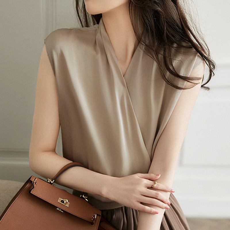 Chiffon Shirt for Women Short-sleeved New Summer Fashionable Overlapping Temperament Small Shirt Solid Color Sleeveless Top for Women Design