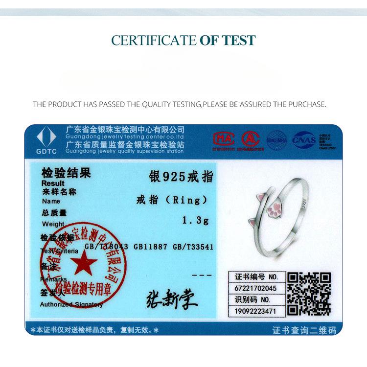 Cute S925 Silver Cat Open Ring, Pink Girl Heart Paw Print Ring Hand Jewelry Bsr316