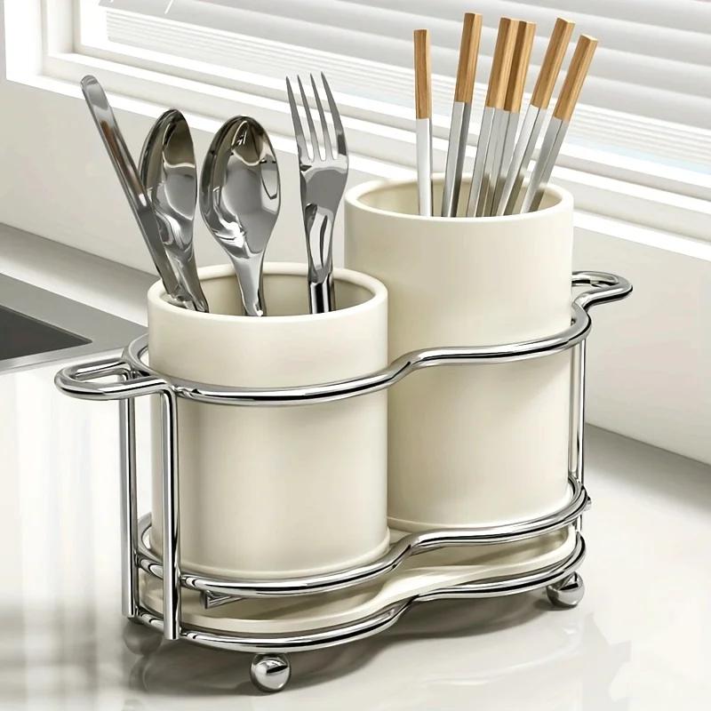 

[1pc Metal Cutlery Holder] 1pc Silverware Cutlery Holder with Metal Frame | Utensil Holder with 2 Compartments | for Kitchen