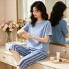 Summer pajamas women's Korean simple style round neck short-sleeved cropped pants three-piece women's comfortable cotton loungewear