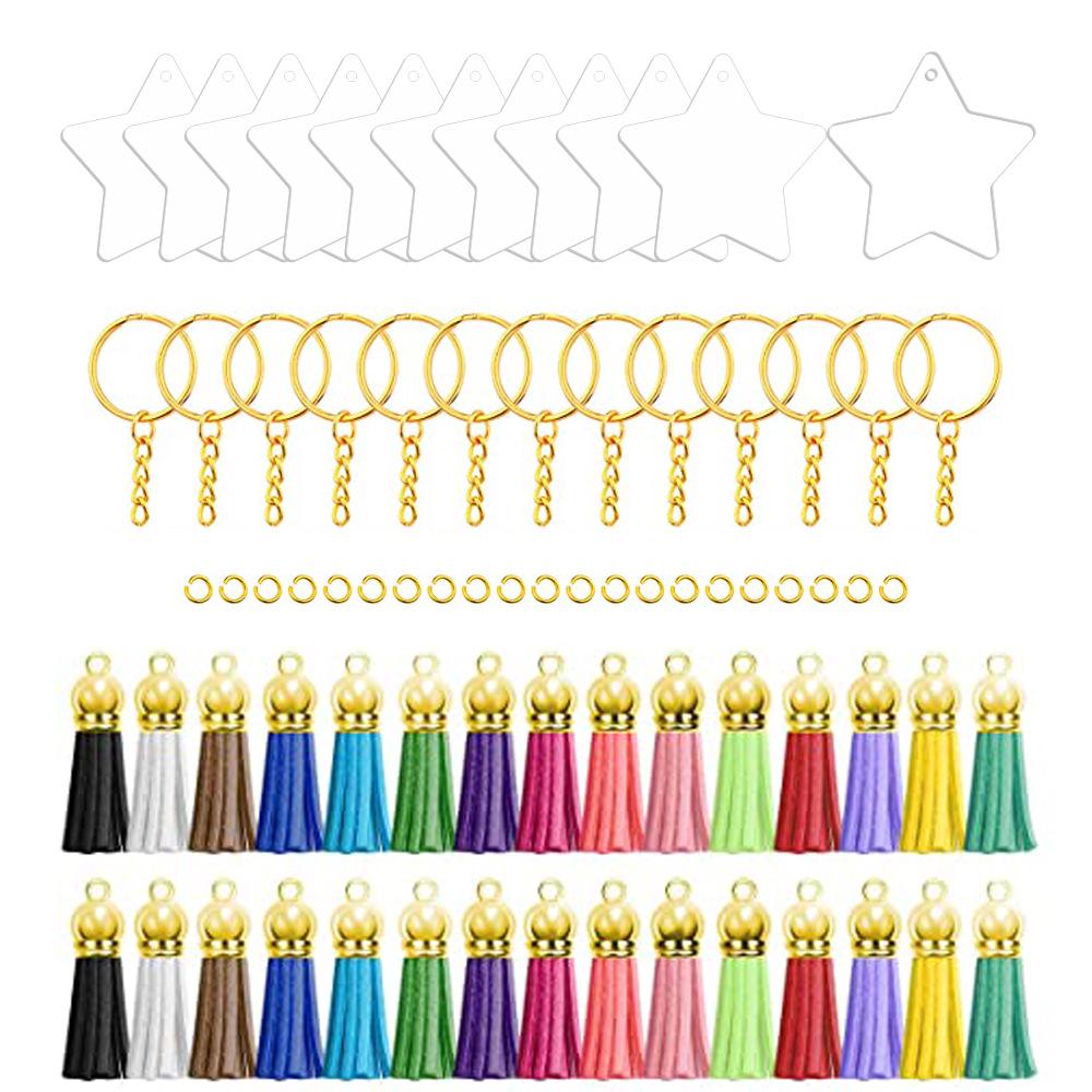 120-Piece Acrylic Keychain Set with Tassels and Small Spike Pendants, Transparent Round Blanks