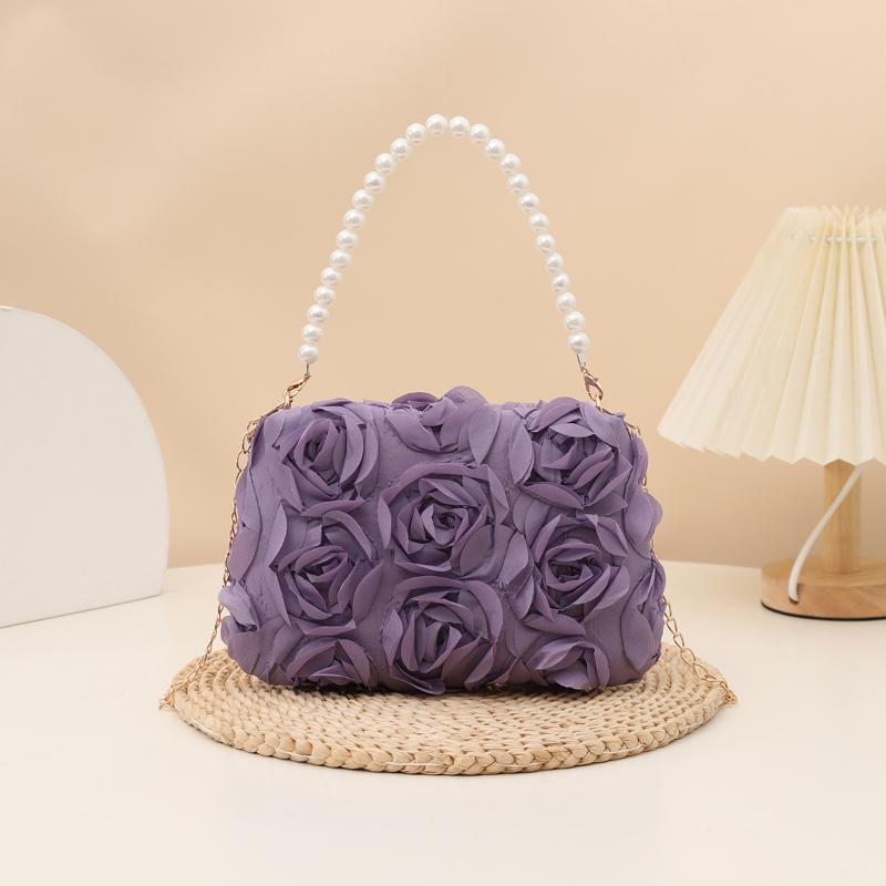 Elegant Women 3D Rose Floral Shoulder Bag Romantic Flower Pattern Pearl Handle Detachable Chain for Prom Graduation