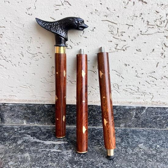 Handmade Black Wolf Head Walking Cane Aluminum Handle Wooden Stick Gift