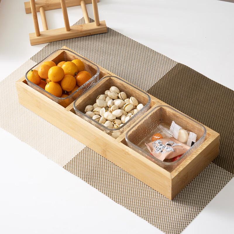 Bamboo Wood 3-Compartment Serving Tray with Bowls