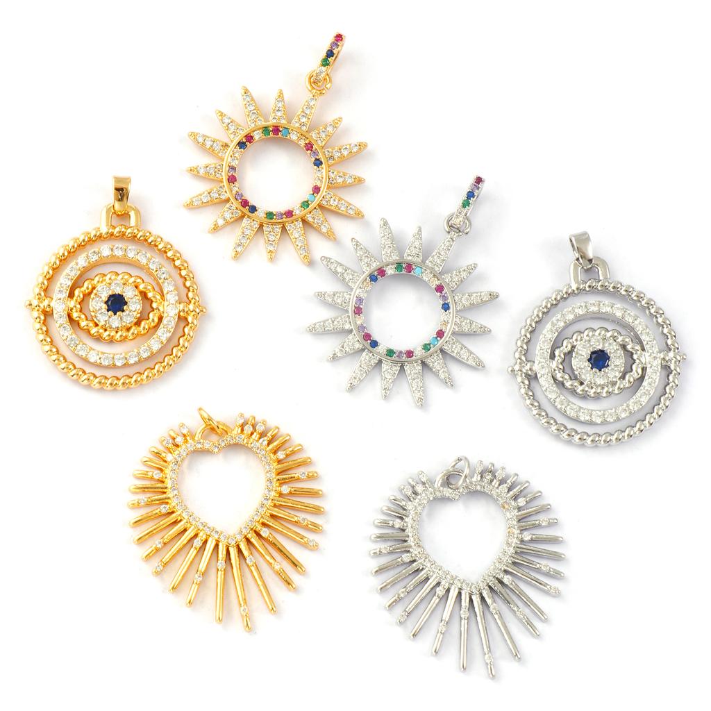 1 Piece Brass Hollow Sun Charms Micro Pave Cubic Zirconia Evil Eye Heart Pendant For DIY Necklace Bracelet Jewelry Making