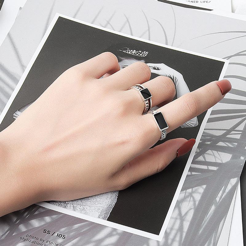 Vintage Geometric Double Layer Chain Enamel Square Open Ring Personality Fashion Index Finger Band For Women Men