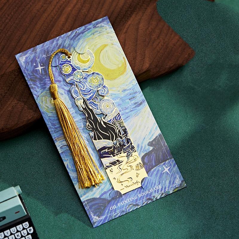 Van Gogh Oil Painting Style Bookmark Vintage Metal Book Page Book Decoration Tassels Bookmarks Student Office Supplies