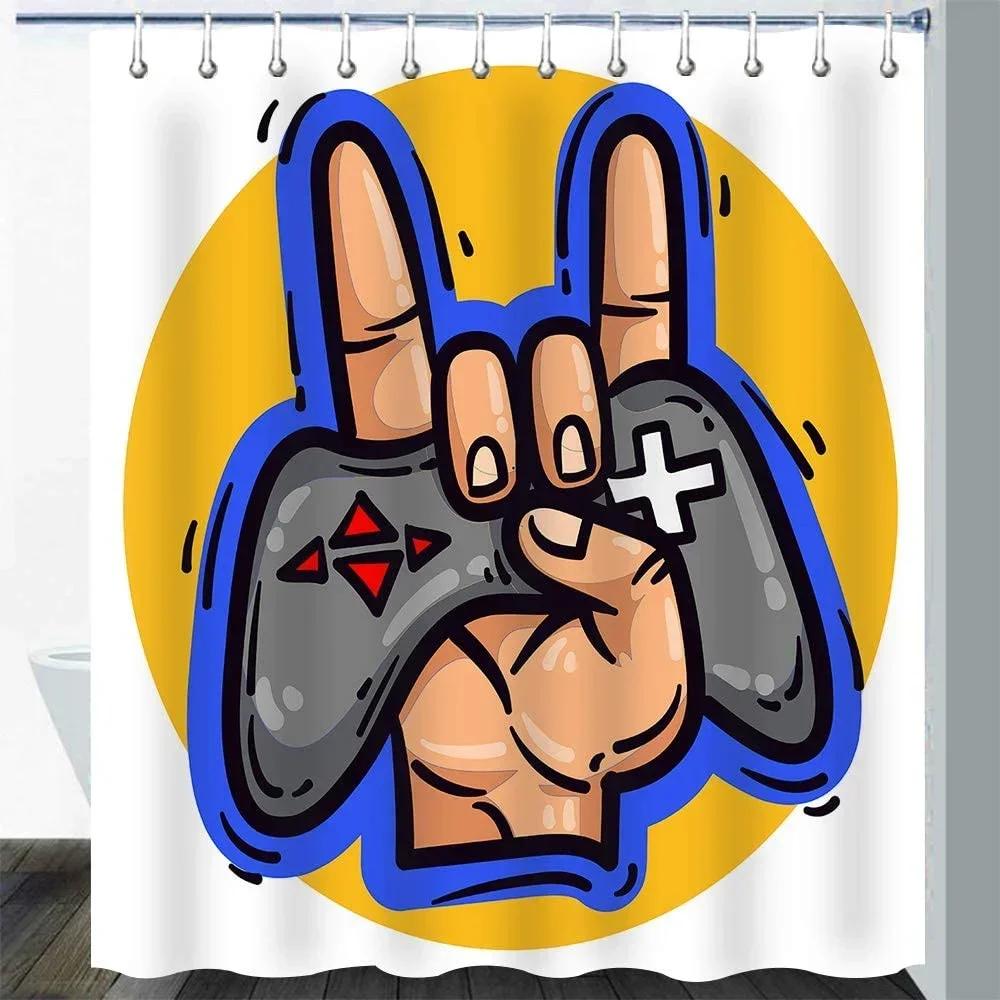 Modern Gamer Shower Curtain Video Game Controller Bath Curtain Room Decor Bright Colorful Geometry Waterproof Bathroom Curtains
