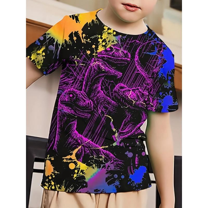Sommar Rundhals 3D Dinosaurie Tryckt Topp Trendig Casual Kortärmad Barn Pojk T-shirts