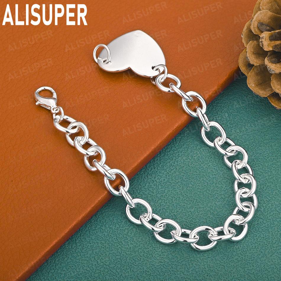 925 Sterling Silver Simple Love Side Chain Charm Bracelet Gift Jewelry 20CM