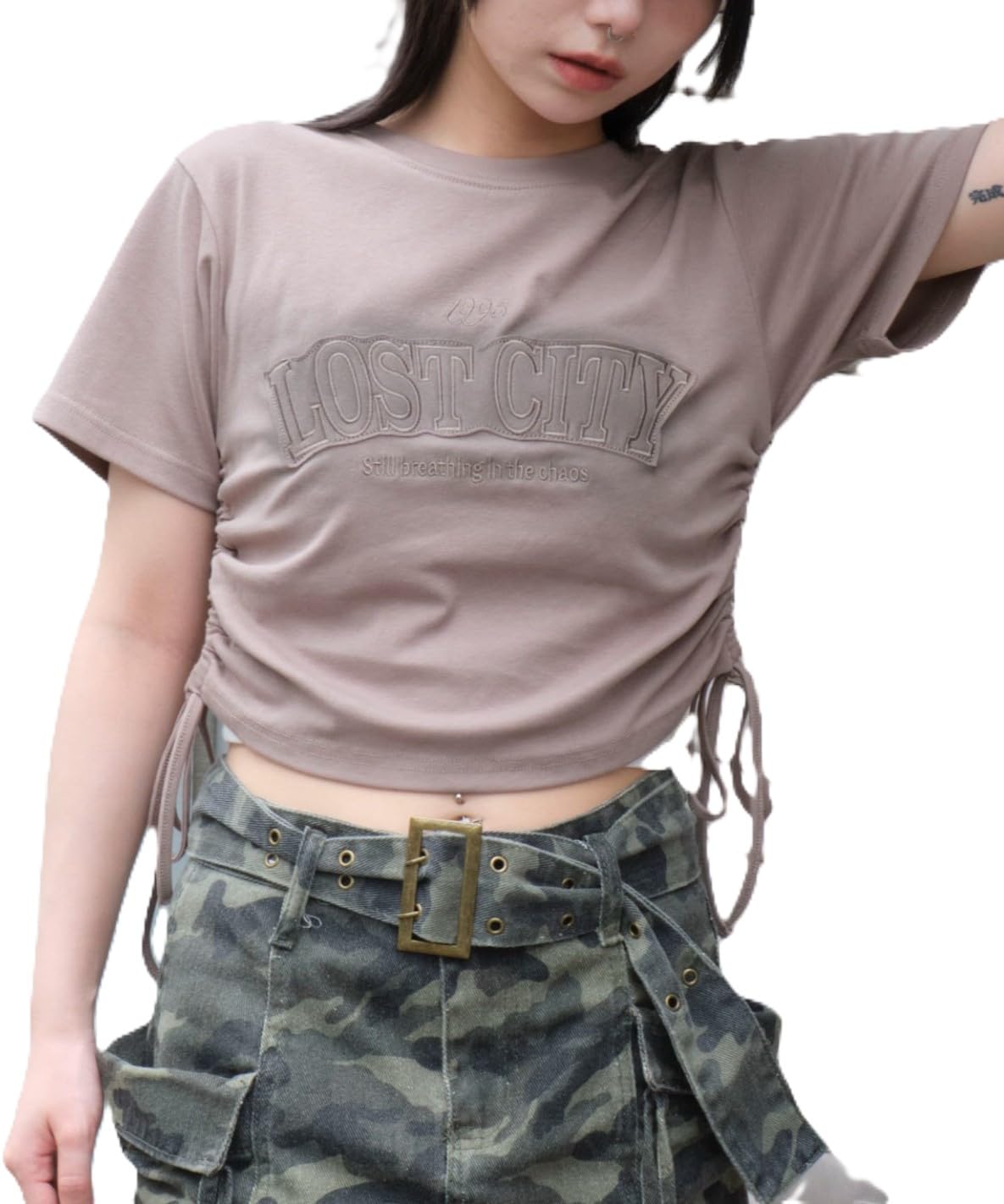 

WEGO Футболка с коротким рукавом и логотипом-спреем Чиби Летняя Корейский размер Серая Футболка на шнурке, Стиль, Топ, Уличная одежда, Стиль, Женская, F, серый