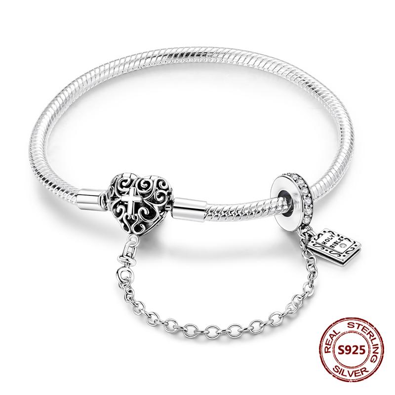 Pink Love Heart Silver 925 Bracelet Original Bracelets Zircon Cat Paw Snake Chain For DIY Charms 17-20CM Wedding Jewelry Gifts