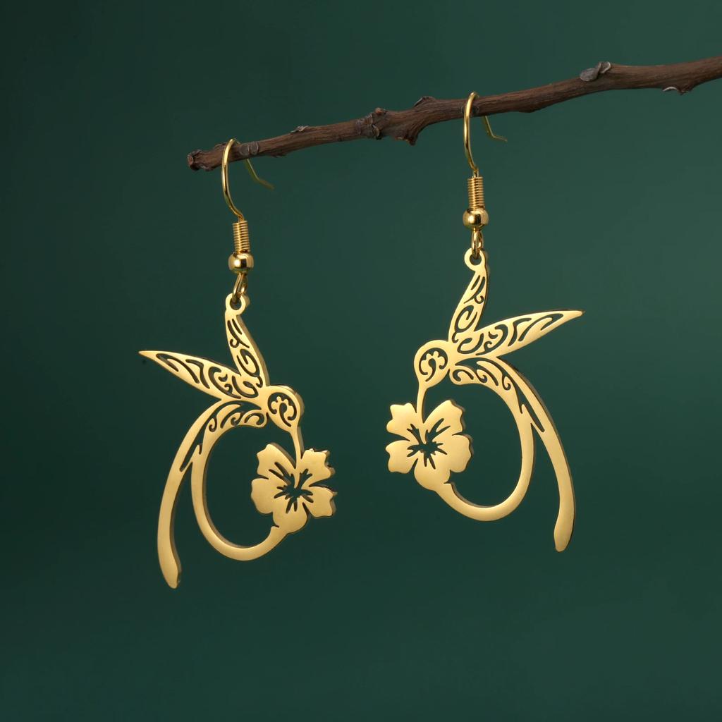 Cazador Gold Color Hummingbird Flower Pendant Drop Earrings for Women Stainless Steel Jewelry Earrings Valentine Gift 2026 New