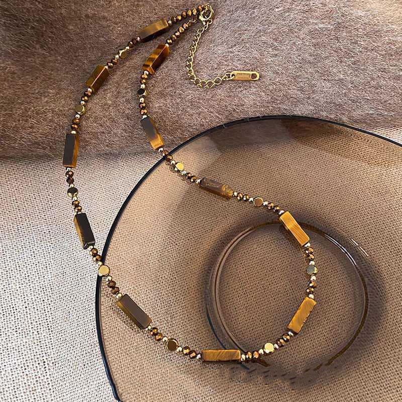 Retro Temperament Layered Tiger Eye Stone Pendant Necklace For Women Stainless Steel Double-Layer Collarbone Chain Sets Jewelry