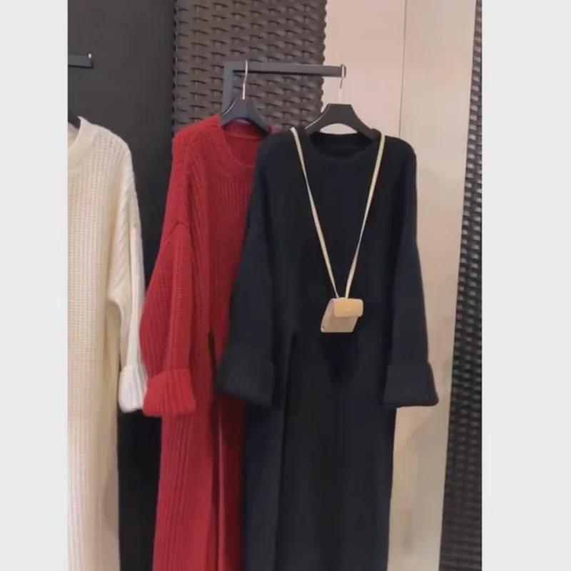 Women's Korean-Style Loose Sweater Dress, Side Slit, Over-Knee, Mid-Length, for Spring and Autumn 2025