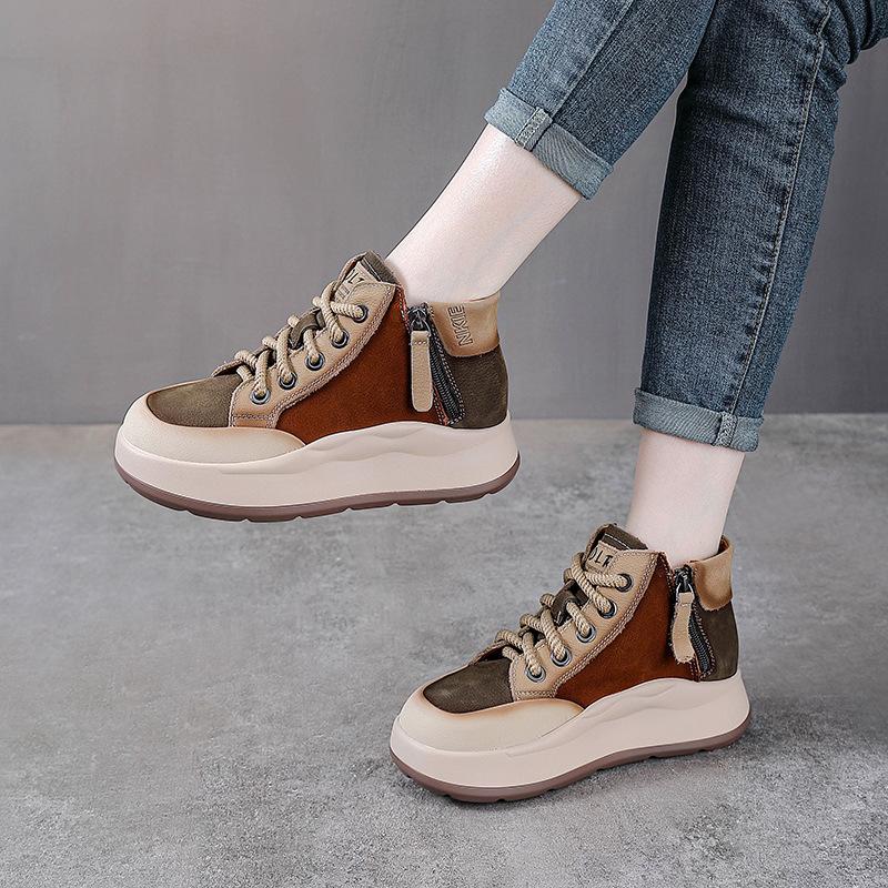 Autumn and Winter New Leather Platform Martin Women's British Style Color Matching Casual Shoes First Layer Cowhide Low-top Short