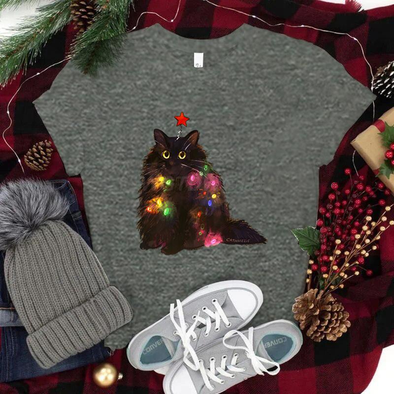 Women Tshirts Christmas Lights Cat Kawaii Cartoon Tops Tees Cute Animal Lover Funny T Shirts Girl Black Cat Fashion Casual Tops
