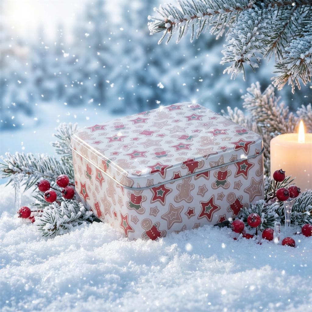 Deco Xmas Cookie Tin 15X15X7 Cm Beige Christmas Pattern