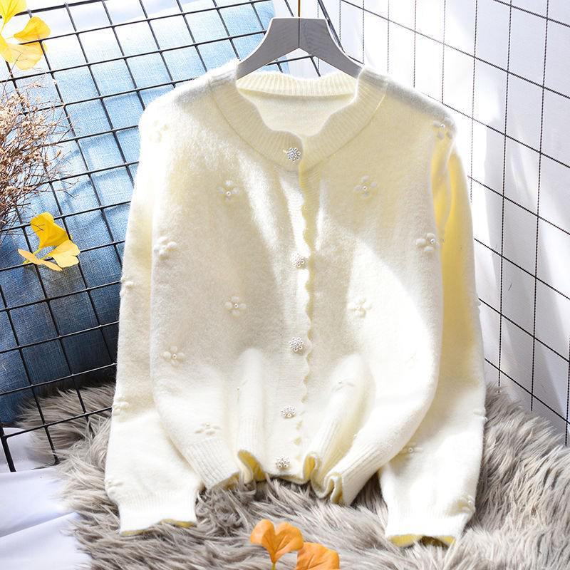 3D Beaded Floral Women's Sweater Jacket - Spring 2024 Japanese College Style, Stylish, Age-Reducing Knitted Cardigan