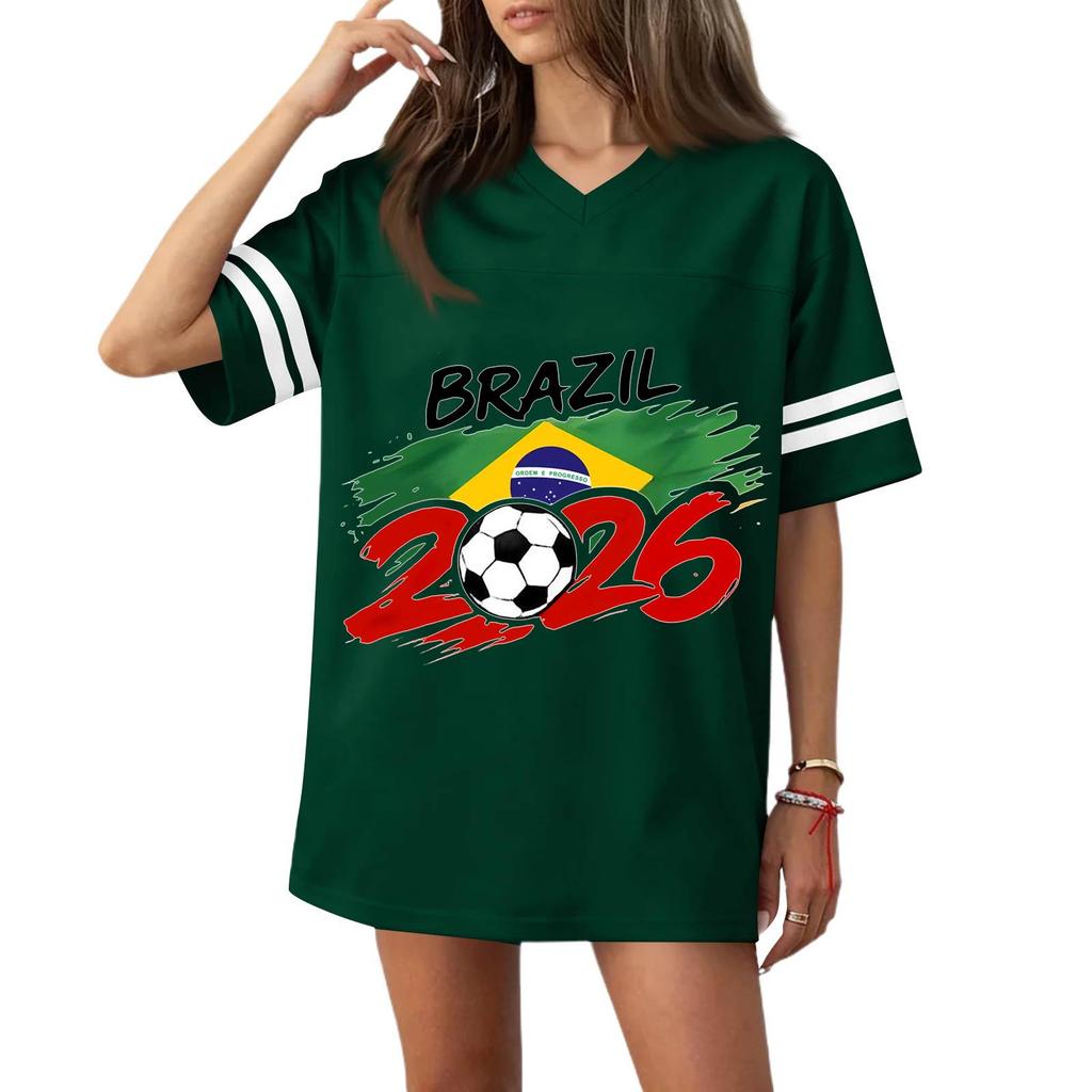 Women V Neck Short Sleeve Casual Top with Football Flag Print Loose Fit Sports T Shirt for 2026 Event Design